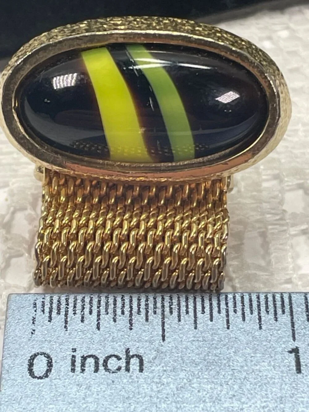 Vintage HICKOK Gold Mesh Wrap Cufflinks Black Green Atomic Glass Cabochon MCM